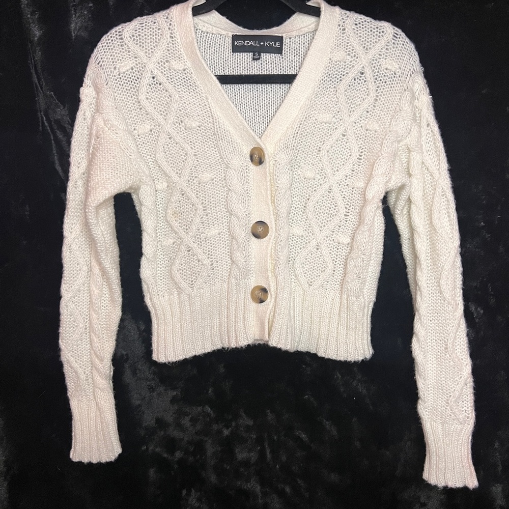 White knit cropped button up sweater